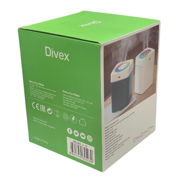 Divex Renkli Işıklı Çift Püskürtmeli Hava Nemlendirici 3L Humidifier H-18