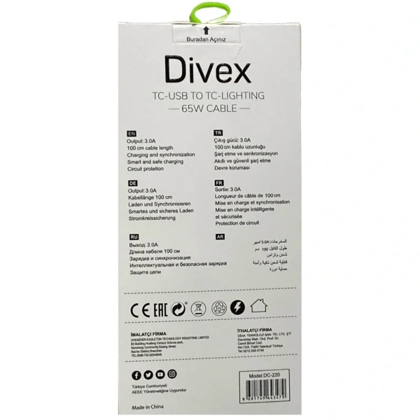 Divex TC-USB to TC-Lightning 65W/PD27W Şarj ve Veri Aktarım Kablosu DC-220