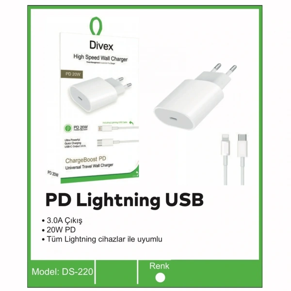 Divex Type-C Lightning USB 3.0A 27W Şarj Cihazı Apple Uyumlu DS-220