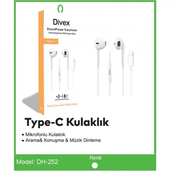 Divex Type-C Universal Girişli Kablolu Kulakiçi Kulaklık DH-252