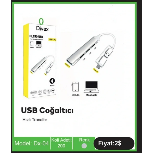 Divex Type-C + USB Girişli 4 Port USB Çoklayıcı USB Splitter DX-04