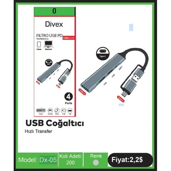 Divex Type-C + USB Girişli 4 Port USB Çoklayıcı USB+Type-C Splitter DX-05