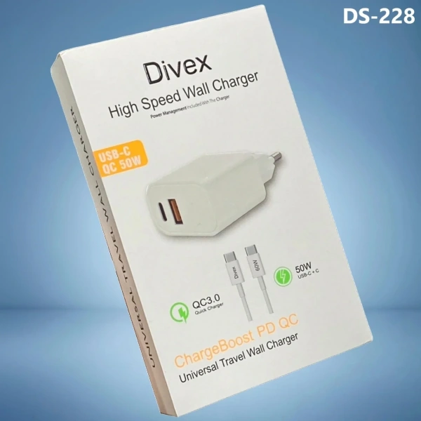 Divex USB Type-C 50W İki Çıkışlı 60W Kablo Hızlı Şarj Adaptörü DS-228