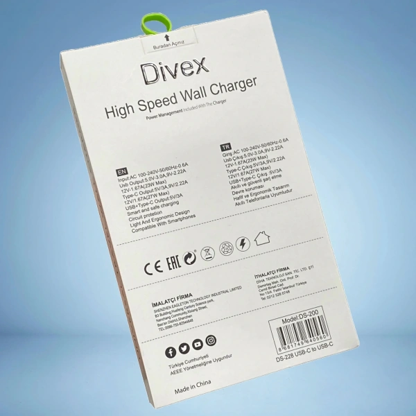 Divex USB Type-C 50W İki Çıkışlı 60W Kablo Hızlı Şarj Adaptörü DS-228