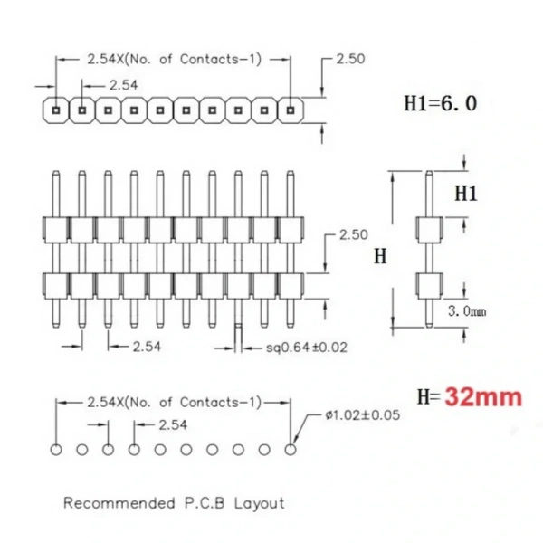 Erkek Pin Header 40 Pin 32 mm 2.54mm 1x40 180° Tek Sıra Çift Yönlü