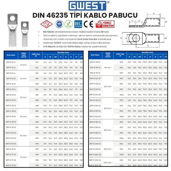 Gwest DIN 46235 Tip Kablo Pabucu SKP-D 35-8 120 Adet