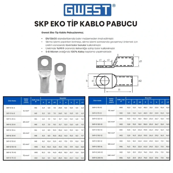Gwest Ekonomik Tip Sıkmalı Kablo Pabucu SKP-E 50-10 200 Adet