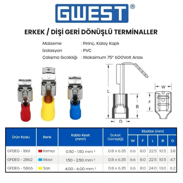 Gwest Erkek/Dişi Geri Dönüşlü Terminal GFDEG-5866 4.00-6.00mm Sarı 100 Adet