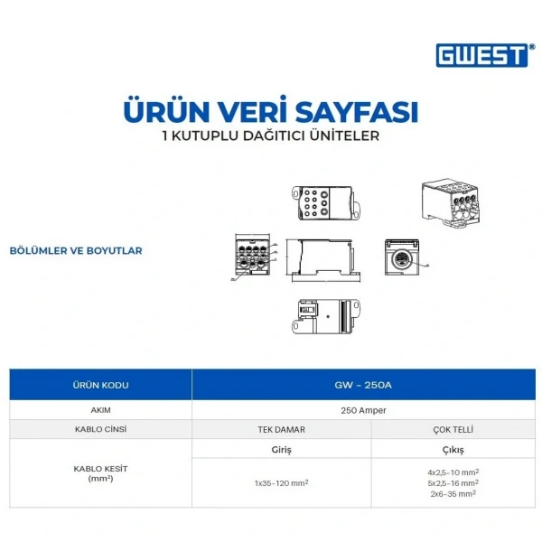 Gwest GW-250A Tek Kutuplu 250A Girişli Dağıtıcı Ünite