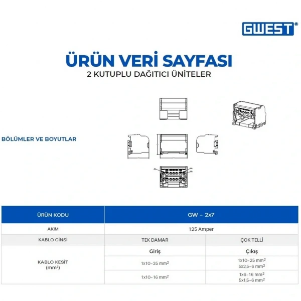 Gwest GW-2x7 2 Kutuplu 125A Girişli Dağıtıcı Ünite