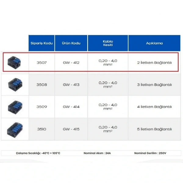 Gwest GW-412 2 İletken Bağlantılı Çok Amaçlı Klemens 1 Adet