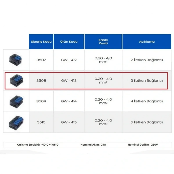 Gwest GW-413 3 İletken Bağlantılı Çok Amaçlı Klemens 1 Adet