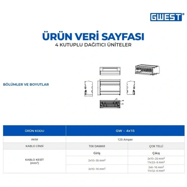 Gwest GW-4x15 4 Kutuplu 125A Girişli Dağıtıcı Ünite