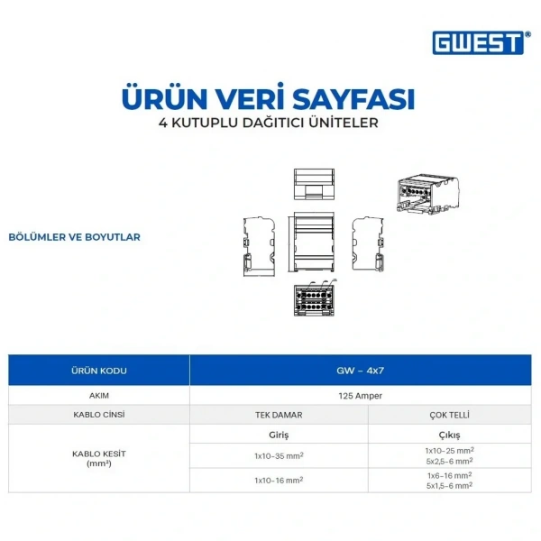 Gwest GW-4x7 4 Kutuplu 125A Girişli Dağıtıcı Ünite