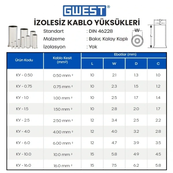 Gwest İzolesiz Kablo Yüksüğü KY-16.0 250 Adet