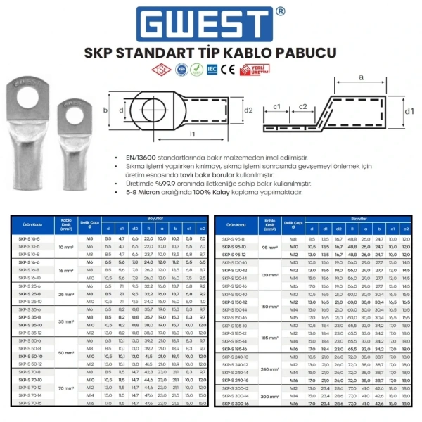 Gwest Standart Tip Sıkmalı Kablo Pabucu SKP-S 185-10 30 Adet