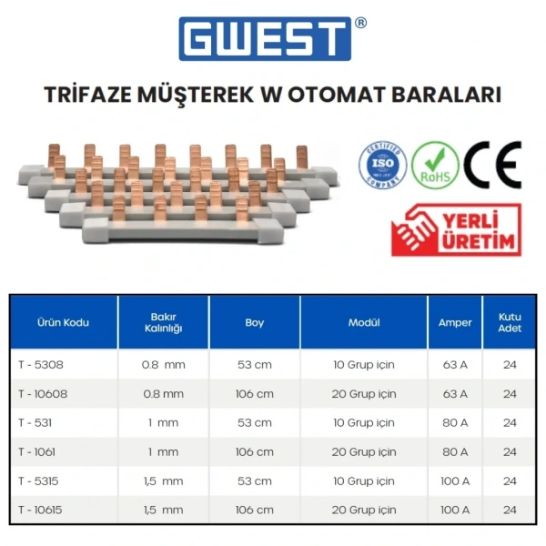 Gwest T-10608 0.8mm 106cm 63A Trifaze Müşterek W Otomat Barası 24 Adet