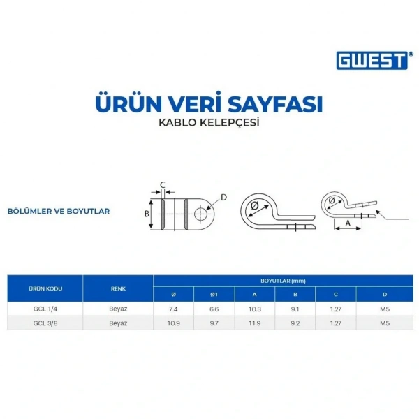 Gwest GCL3/8 10mm Kablo Kelepçesi Beyaz 100 Adet