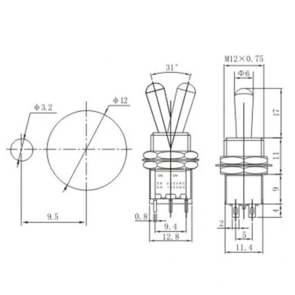 IC-148H Toggle Switch On-Off-On 12mm 6P MTS-203L
