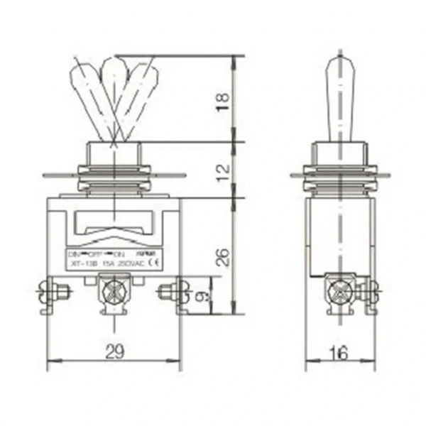 IC-153S Toggle Switch Büyük Boy Vidalı 3P 12mm 15A On-Off-On