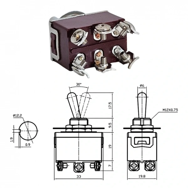 IC-159 Toggle Switch 6P On-Off-Mom Ø12mm KN3C-213