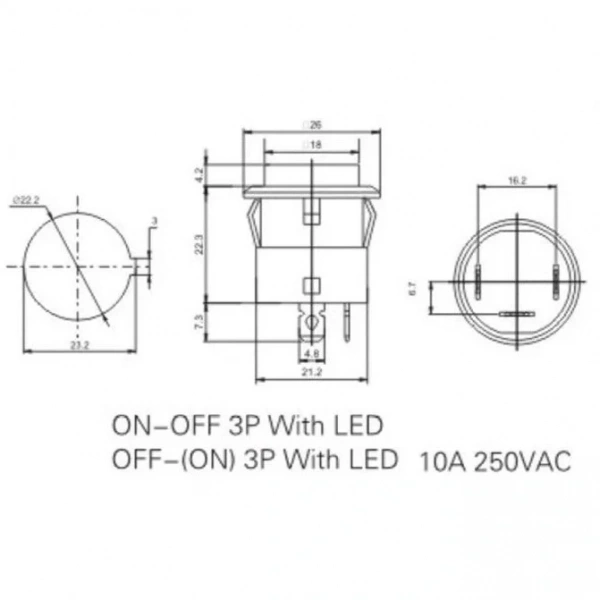 IC-180F 26mm Kalıcı Ledli Rocker Buton Power Simgeli 3P