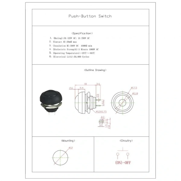 IC-184 Kırmızı Plastik Push Buton 12mm PBS-33B