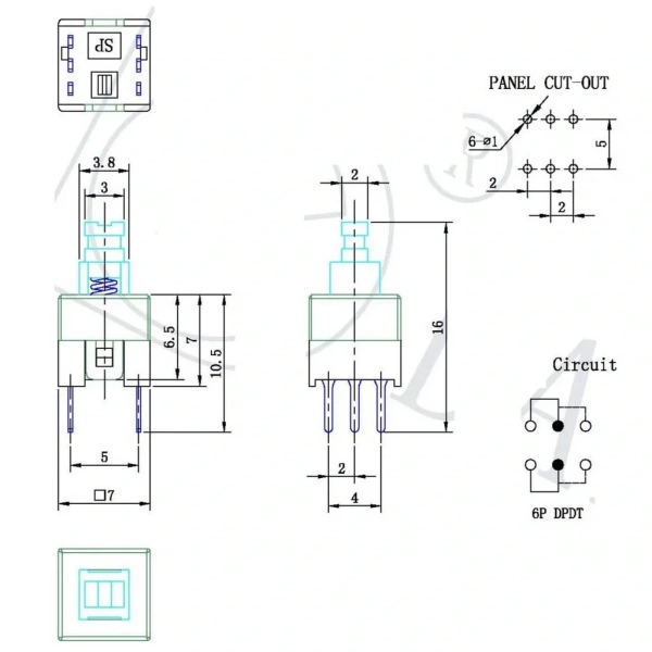 IC-196 6 Pinli Bacaklı Kalıcılı Yaylı Push Buton 7x7mm