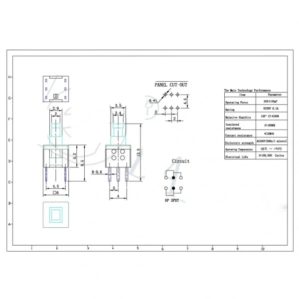 IC-196A 6 Pinli Bacaklı Kalıcılı Yaylı Push Buton 6x6mm