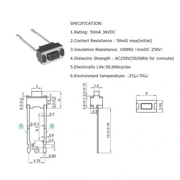 IC-201 Tact Switch Pioneer Buton 3.5x6 Uzun Bacak 0.8mm