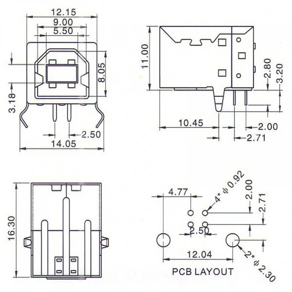 IC-262 USB 2.0 B Konnektör 90C Dişi (USB Type-B Connector)