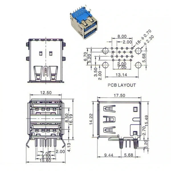 IC-265E İkili USB3.0 Konnektör A Tip Şase Dişi 90° Mavi