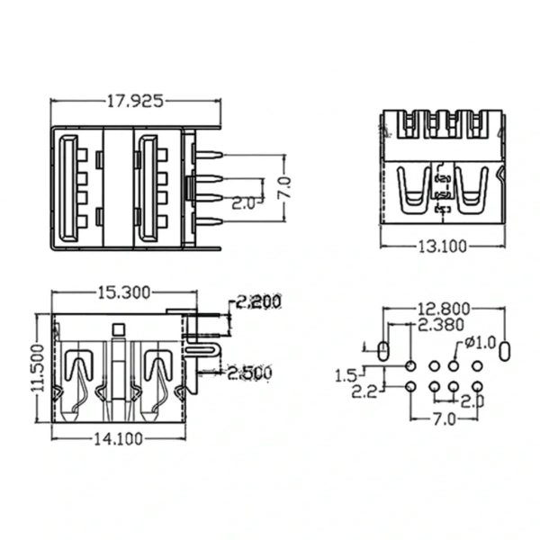 IC-265E USB İkili 2.0 Şase A Tip Dişi 90° Siyah