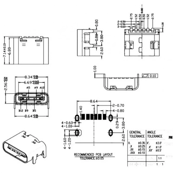 IC-266B-3 Dişi Type-C Soket USB-C Konnektör Şase 6 Pin