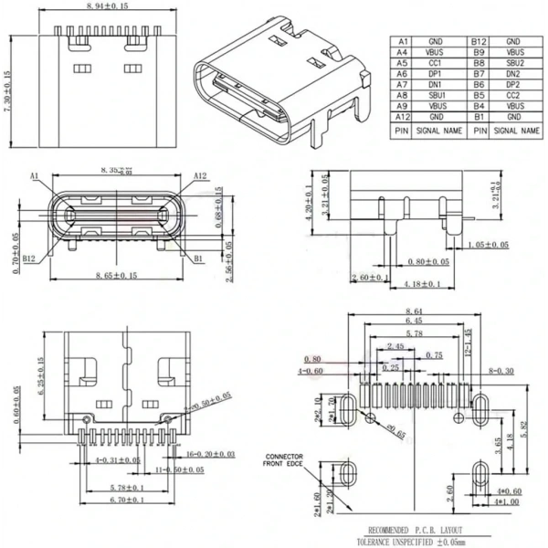 IC-266B-4 Dişi Type-C Soket USB-C Konnektör Şase 16 Pin