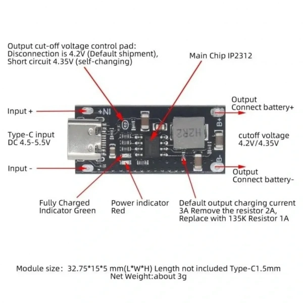 IP2312 Type-C 3A Lityum Batarya Hızlı Şarj Modülü