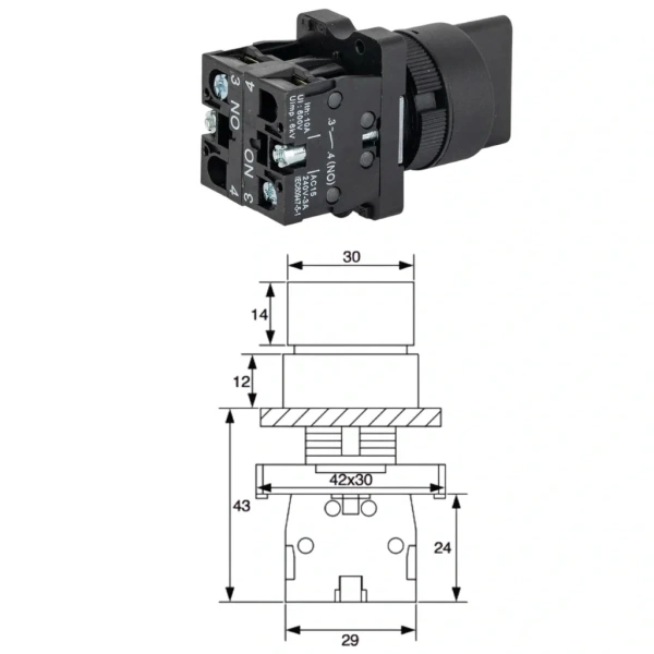 LAY5-ED53 22mm Kısa Mandal Switch 1-0-2 Yaylı (2NO)