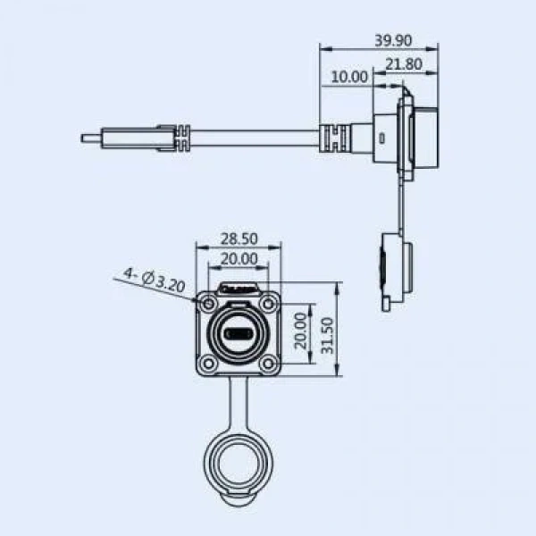 LP16-TYPEC-MP-FS-0D5M-002 Su Geçirmez Type C 3.1 Dişi Panel Tip Konnektör - 0.5M Kablo