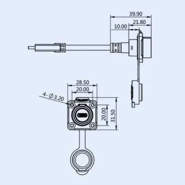 LP16-TYPEC-MP-FS-1M-002 Su Geçirmez Type C 3.1 Dişi Panel Tip Konnektör - 1M Kablo