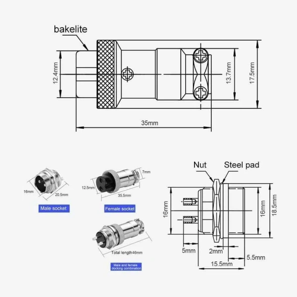 Mike Konnektör 3-Pin 16mm - Dişi