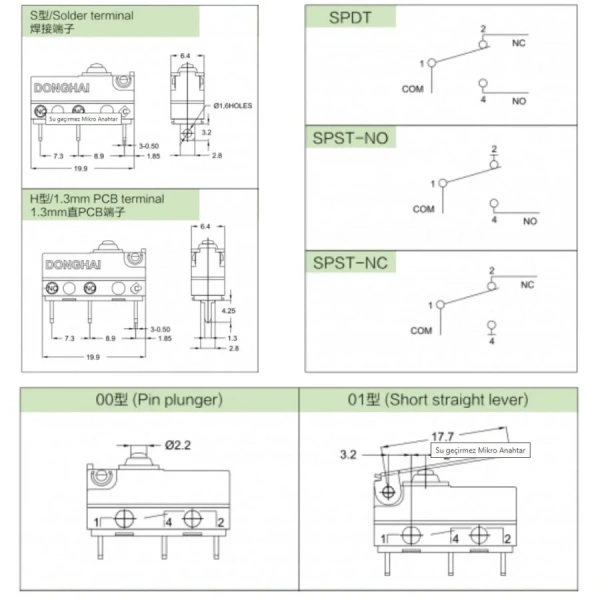 MT8-S00D300A06 SPDT NO+NC 3-Pin Toz Geçirmez Micro Switch