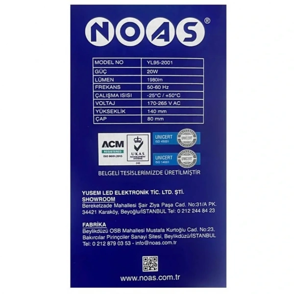 NOAS YL95-2001 20W 6500K Led Torch Ampul