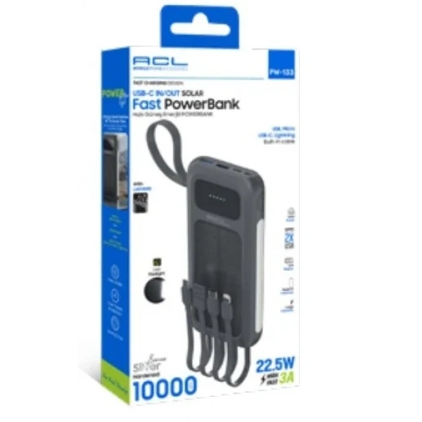 PW-133 Solar Panelli Dahili Kablolu 22.5W Hızlı Şarjlı Powerbank 10.000mAh