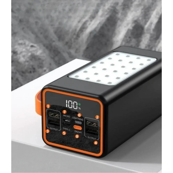 PW-55 4xUSB 22.5W LCD Göstergeli Kordonlu Kamp Işıklı 50.000mAh Powerbank