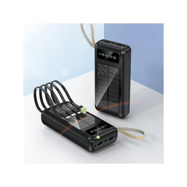 PW-61 Solar Panelli LCD Göstergeli Dahili Kablolu Powerbank 30.000mAh