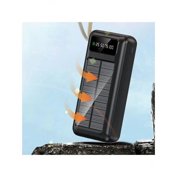 PW-61 Solar Panelli LCD Göstergeli Dahili Kablolu Powerbank 30.000mAh