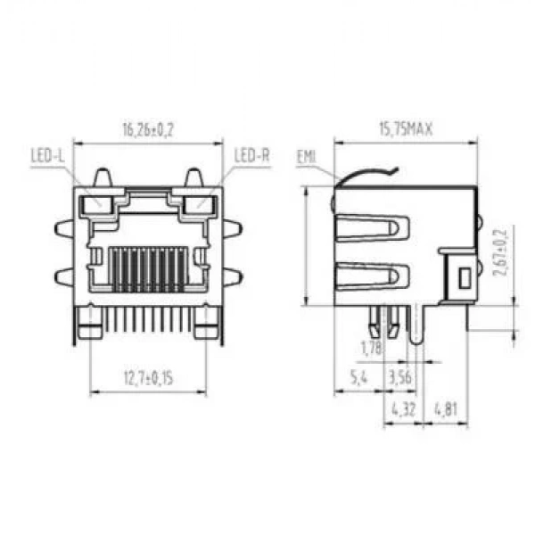 RJ45 8P8C Işıklı Dişi Ethernet Konnektörü - PCB Tipi