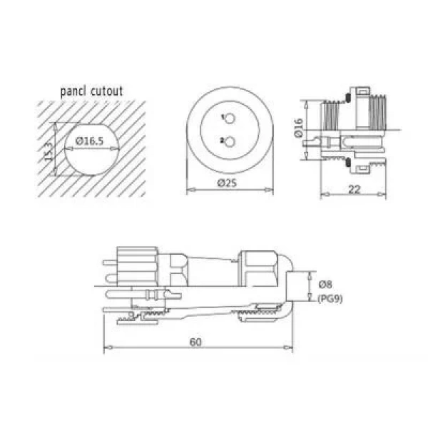 SD16 6 Pin 16mm Su Geçirmez Konnektör Takımı - Panel Tipi