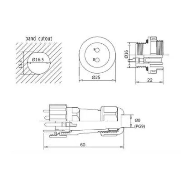 SD16 9 Pin 16mm Su Geçirmez Konnektör Takımı - Panel Tipi