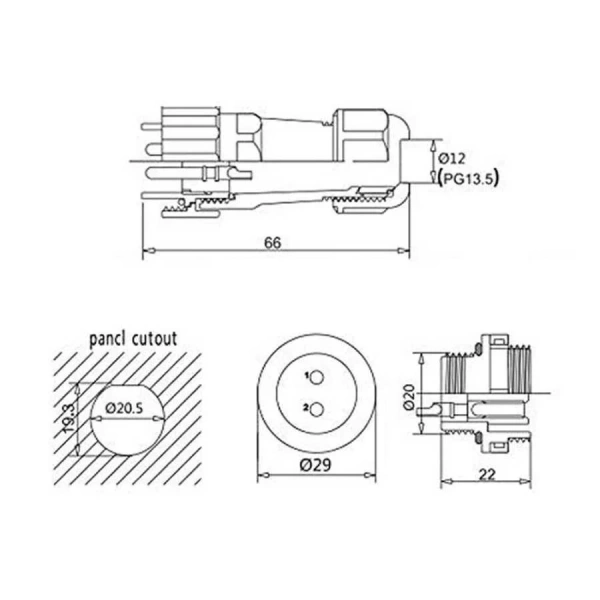 SD20 2 Pin 20mm Su Geçirmez Konnektör Takımı - Panel Tipi